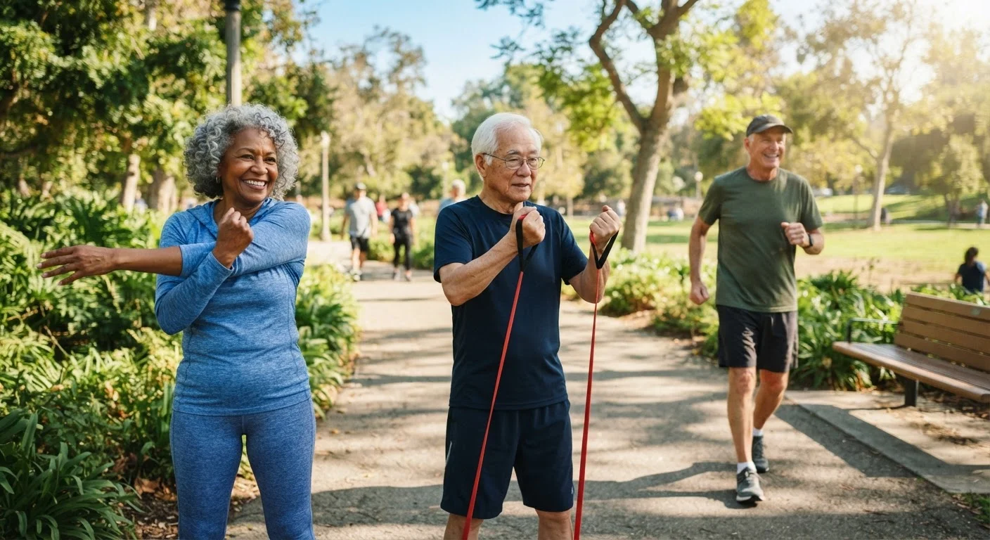 Diverse older adults exercising outdoors with resistance bands and walking in a sunny park