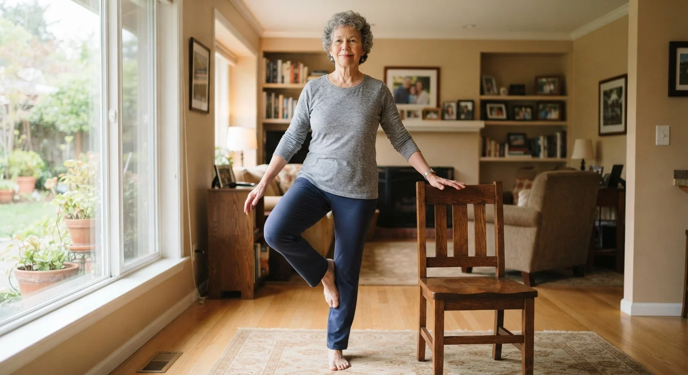 An older adult standing on one leg beside a chair for balance practice