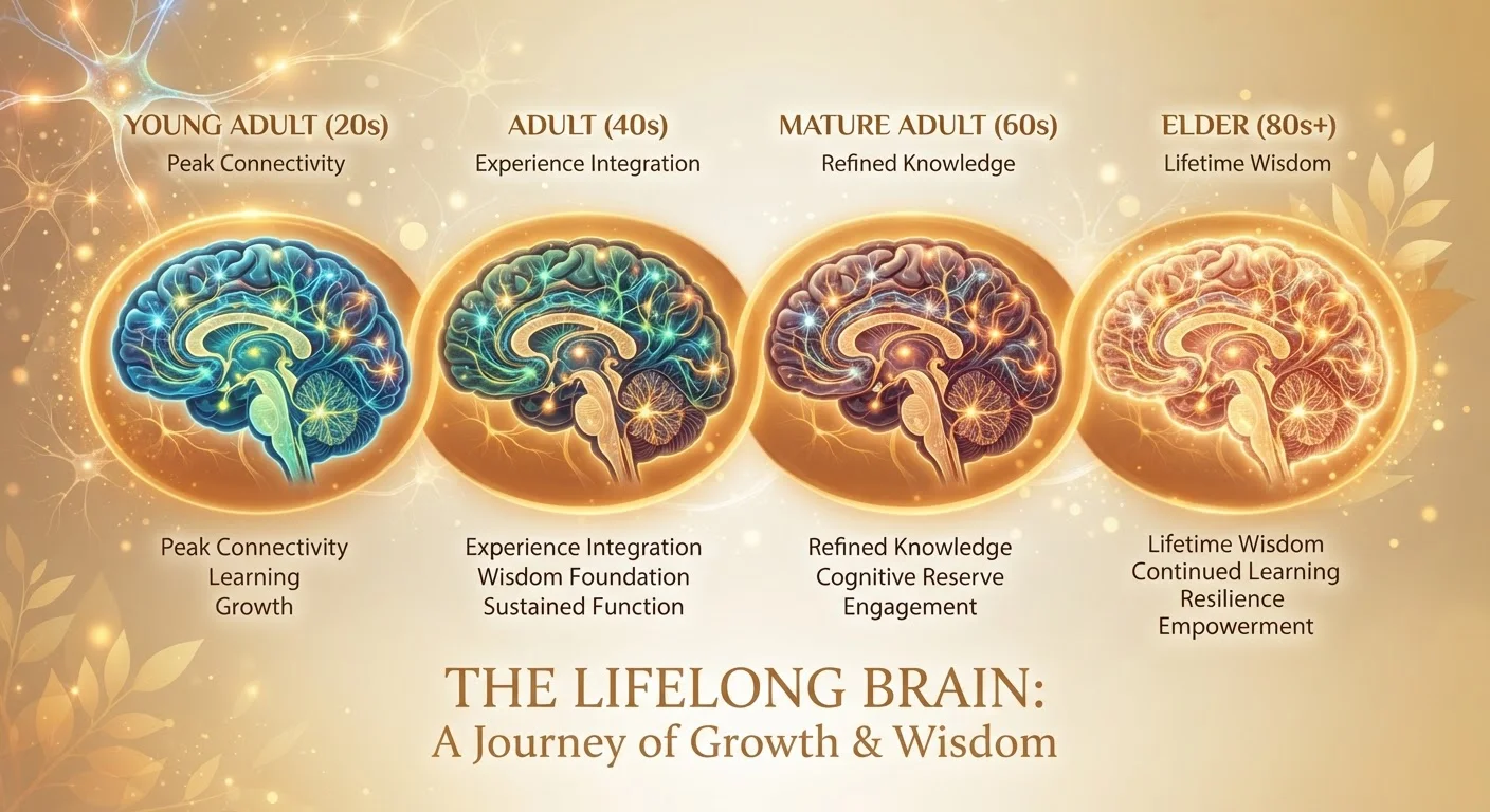 Illustrated brain representing cognitive health changes across different decades of life