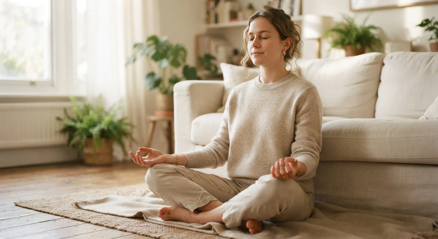 Person sitting cross-legged in calm morning light practicing mindful breathing meditation