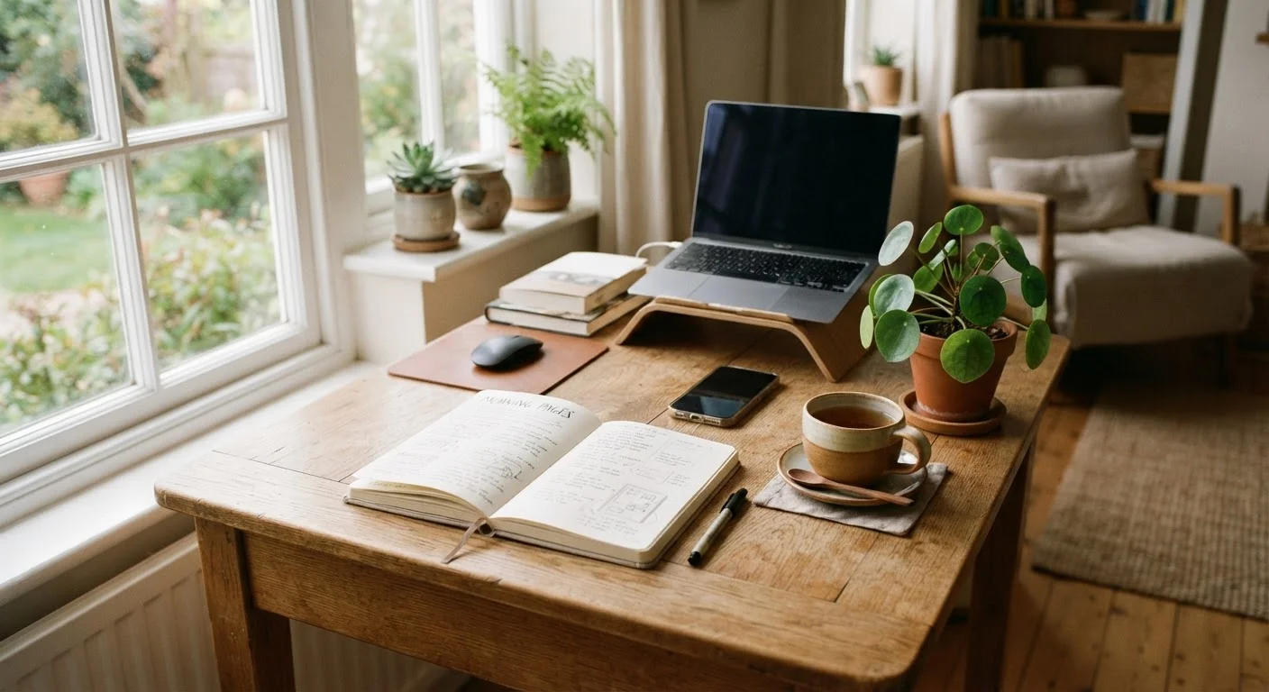 A tidy morning desk setup with a journal, tea, and plant in warm natural light.