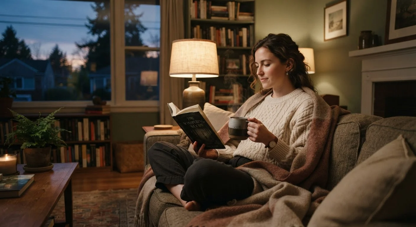 Person relaxing in a warmly lit room with a book and hot drink at evening