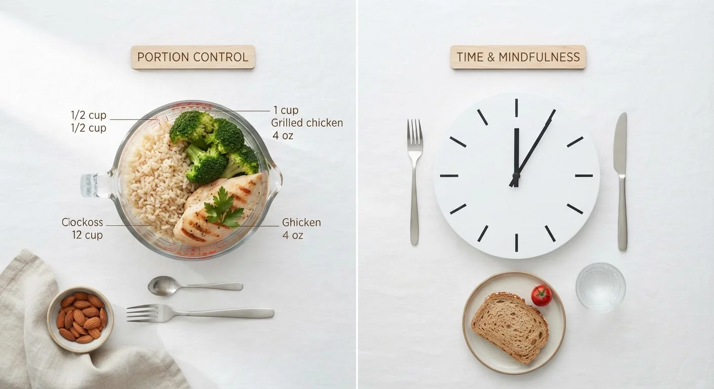 Split image showing a portioned meal cup alongside a clock representing time-restricted eating windows.