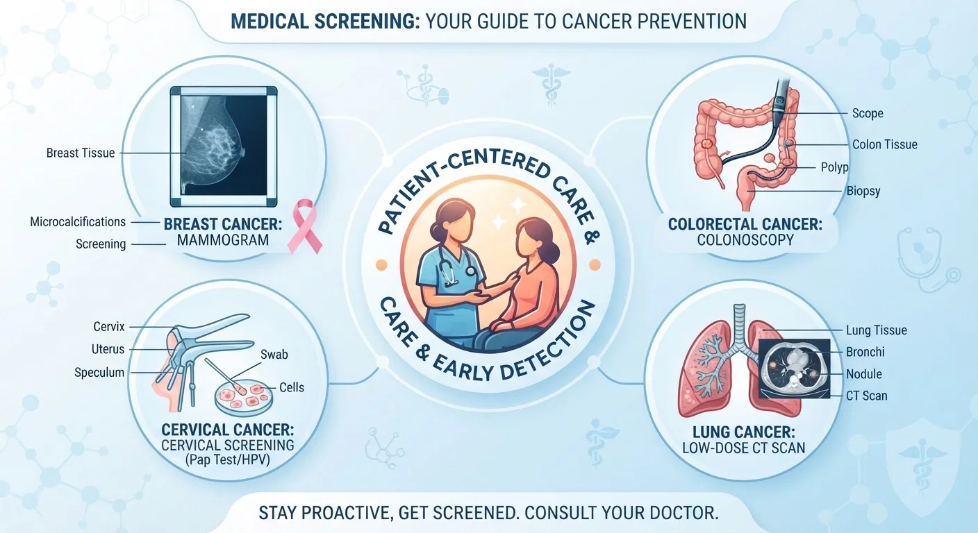 Symbolic illustration of four major cancer screenings arranged in a clean clinical layout