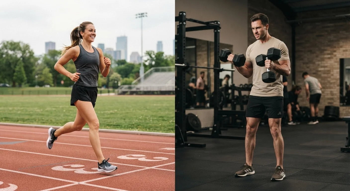 Side-by-side comparison of a person doing cardio running and strength training with dumbbells