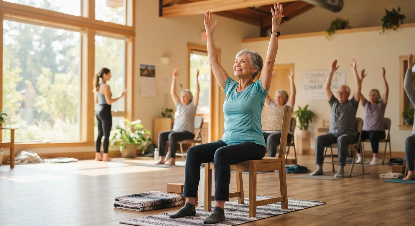 An older adult practicing chair yoga in a bright, welcoming community center room.