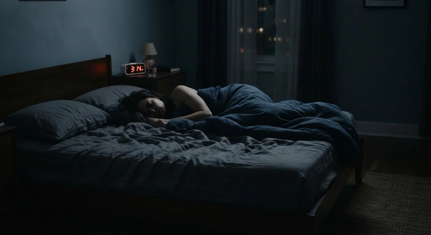 Dimly lit bedroom at night with glowing alarm clock and rumpled bedsheets suggesting sleeplessness