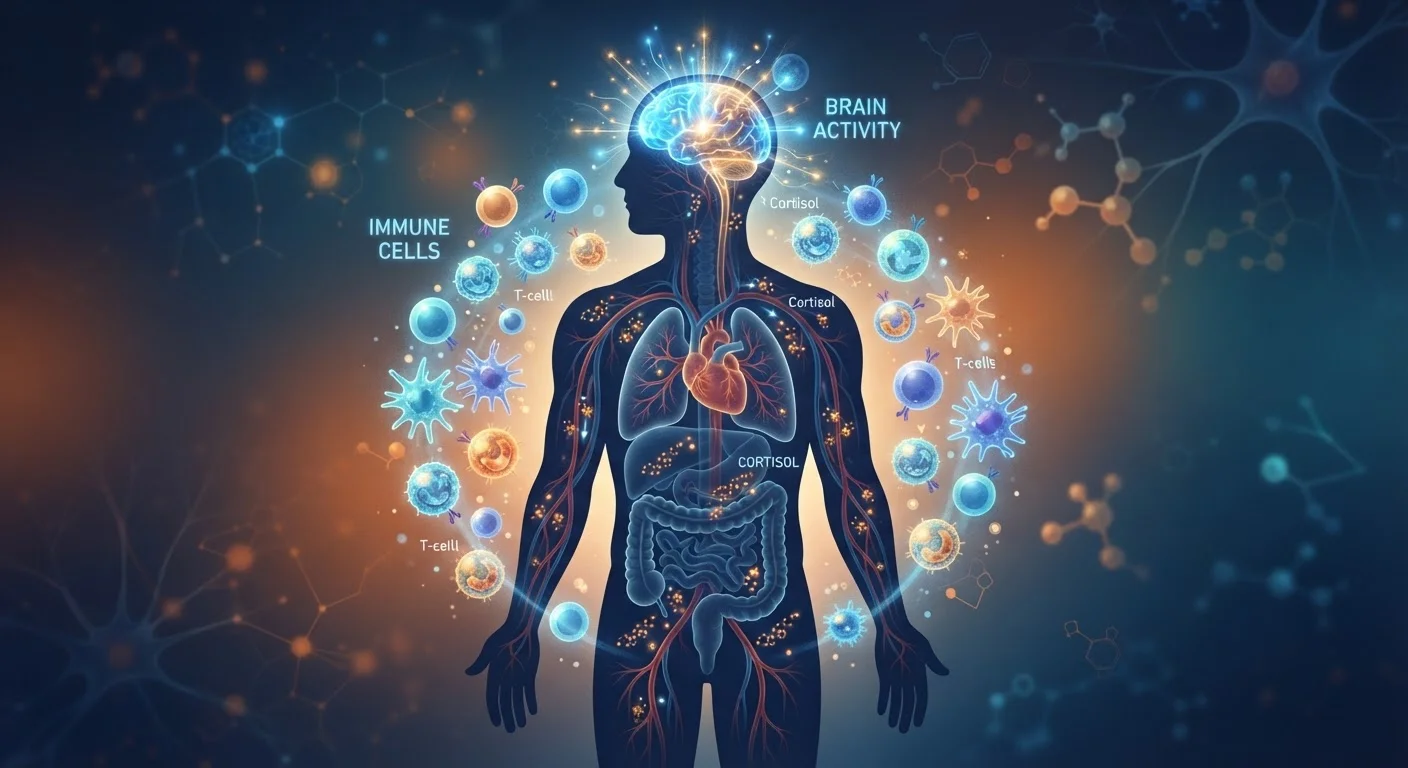 Human silhouette showing brain activity and immune cells connected by cortisol molecules in the bloodstream