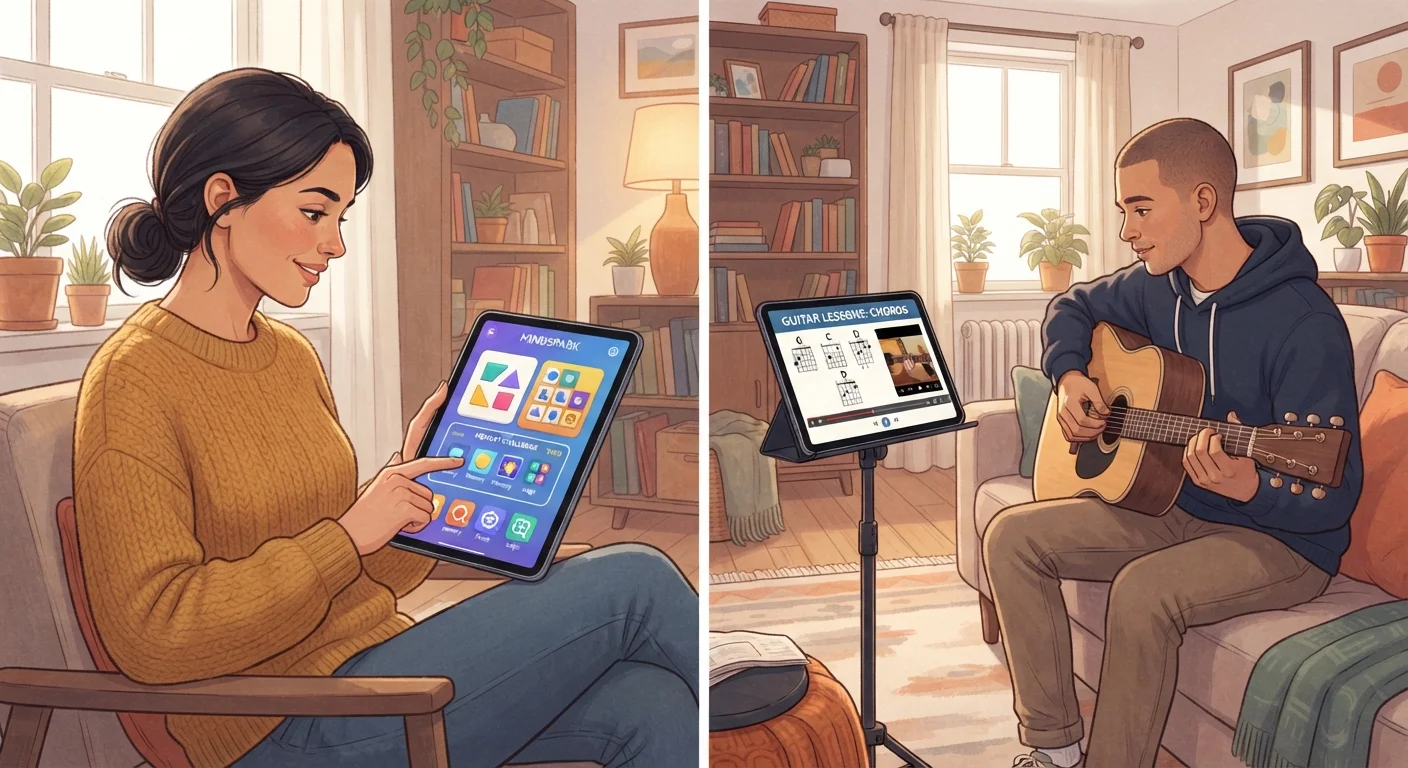 Person using brain-training app on tablet alongside another person learning to play guitar