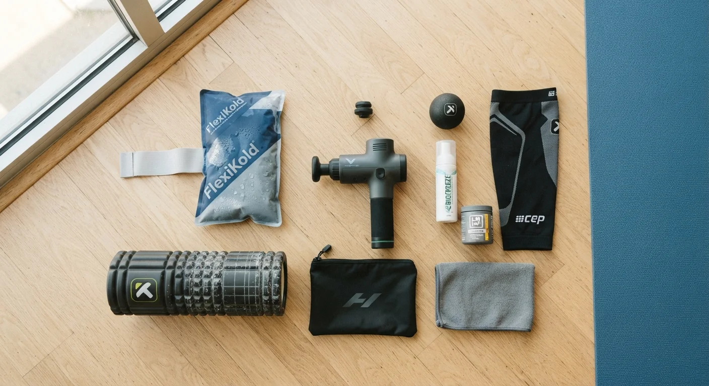 Ice pack, foam roller, and compression sleeve arranged on a gym floor representing recovery tools