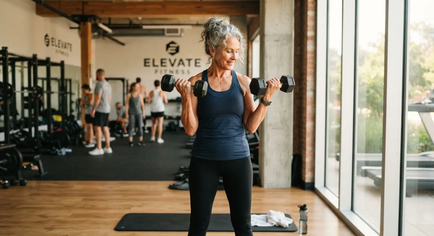 An older adult lifting dumbbells confidently in a well-lit gym setting
