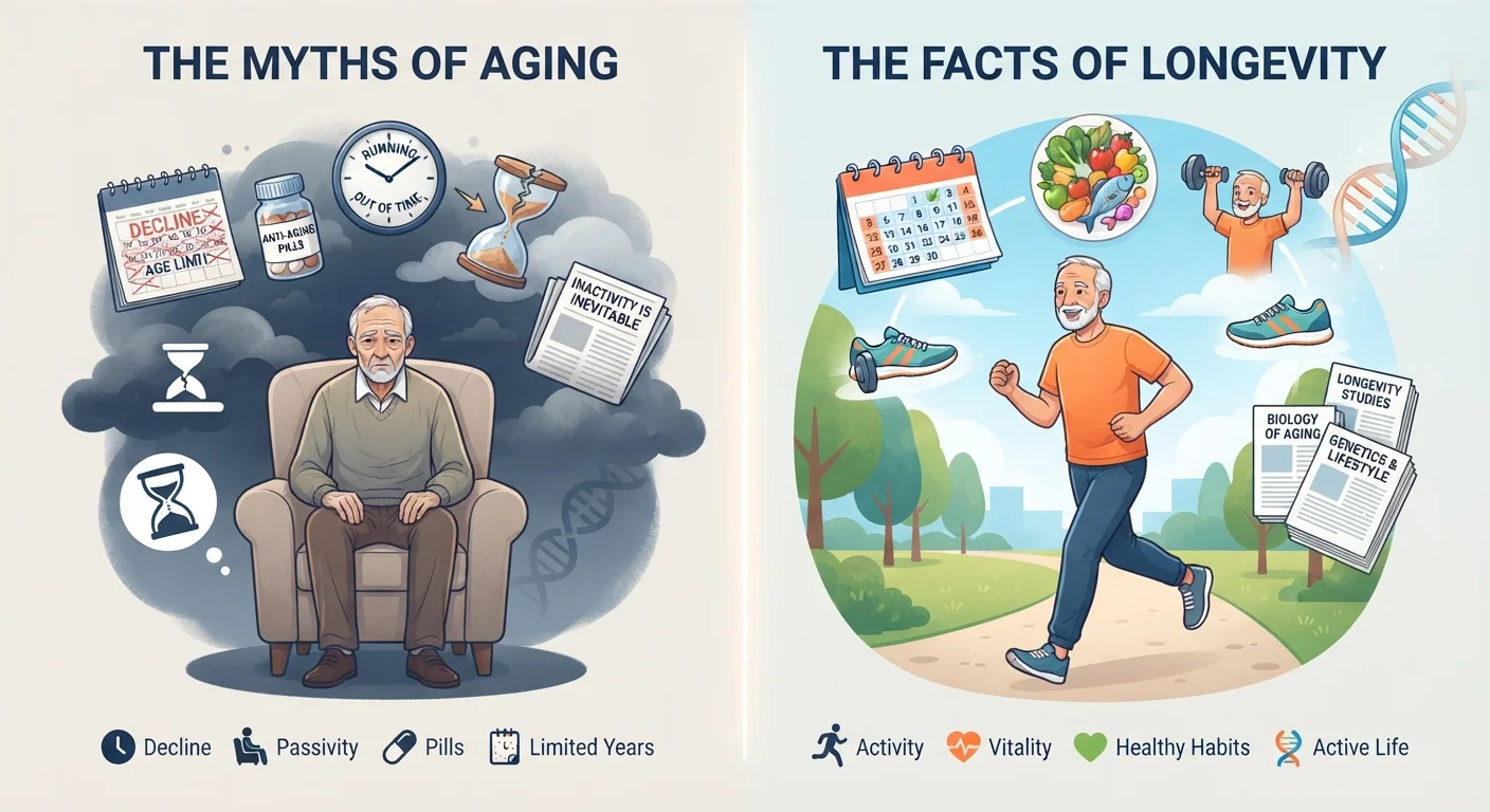 Split illustration contrasting longevity myths with evidence-based facts about healthy aging