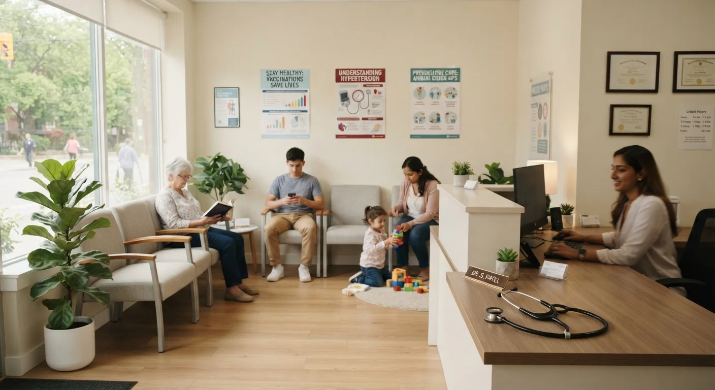 A welcoming medical clinic waiting room with health posters and a stethoscope on a desk.