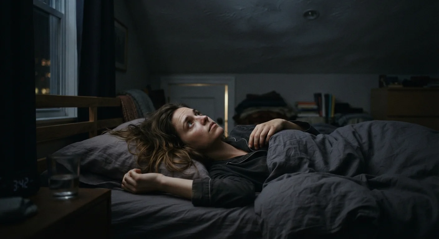 Person lying awake in a dark bedroom, unable to sleep, looking at the ceiling