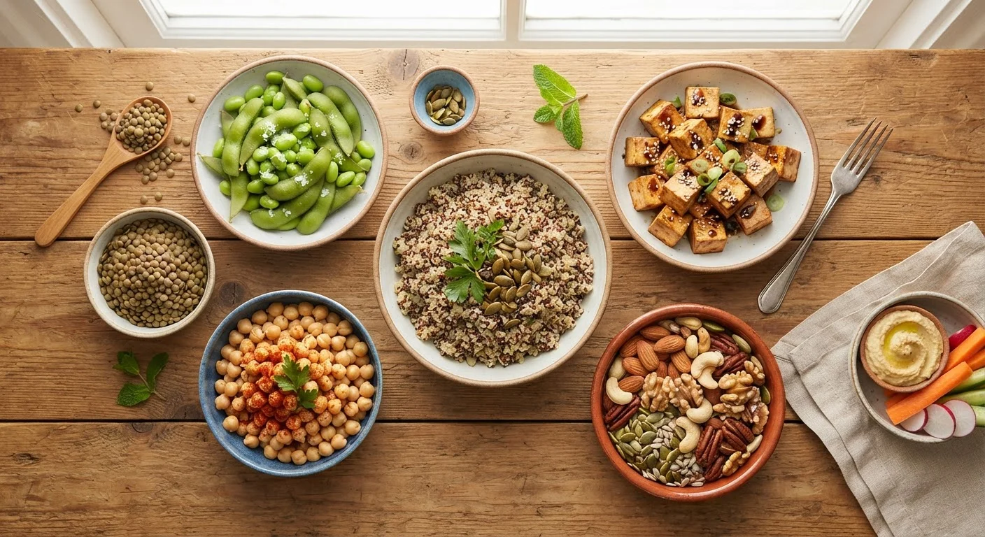 Assortment of plant-based protein foods including lentils, quinoa, tofu, and nuts arranged on a wooden surface.