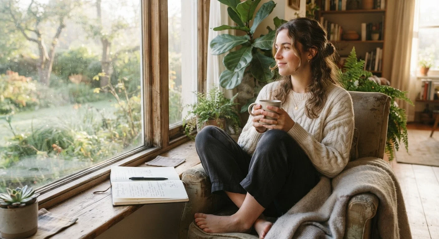 Person sitting by a sunlit window with tea and an open journal in the morning