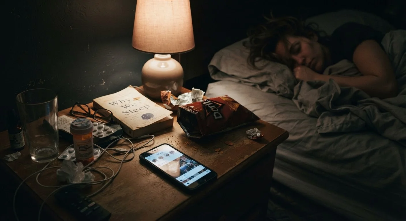 Glowing smartphone and snacks on a bedside table at night, symbolizing immune-disrupting habits.