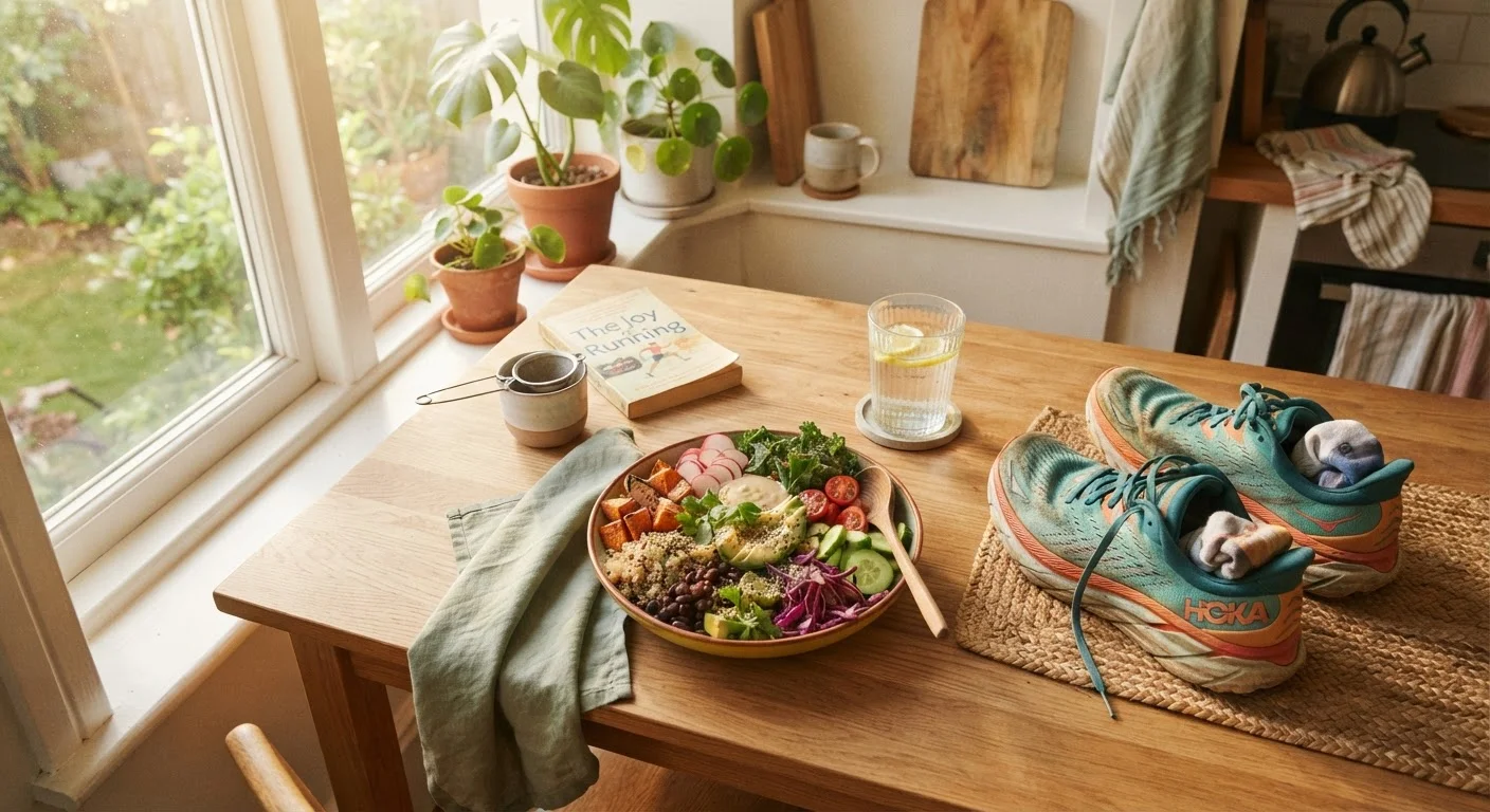 Colorful plant-based meal on a kitchen table with running shoes and morning sunlight