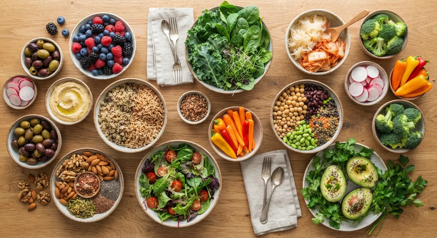 Colorful array of whole plant foods including legumes, greens, grains, and fermented foods on a wood surface.