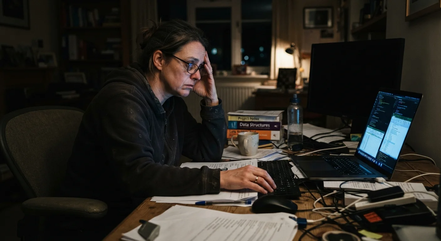 A tired person sitting at a desk late at night staring at a bright screen