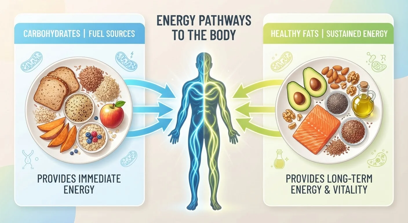 Split illustration of carbohydrate foods and fat-rich foods providing energy to a human body