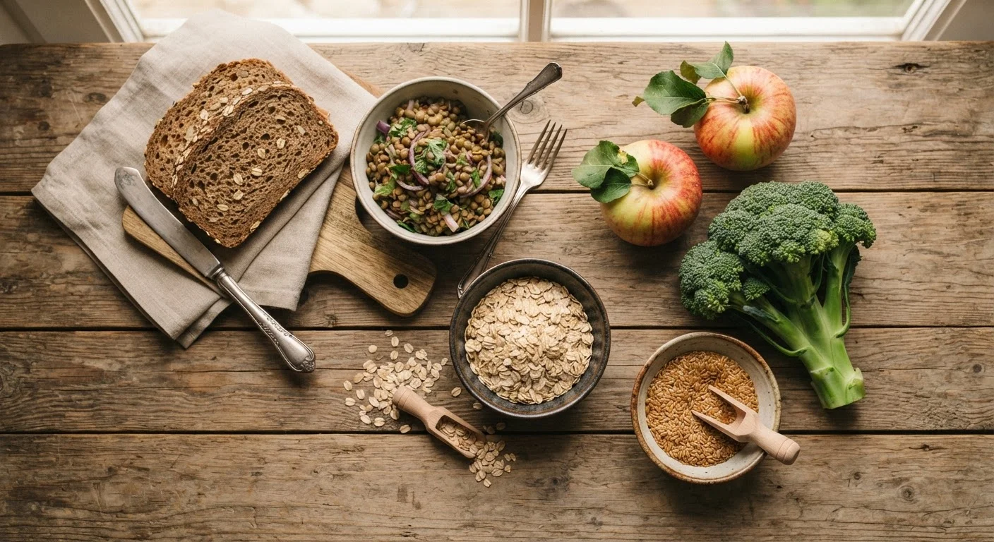 Assortment of high-fiber foods including whole grains, legumes, fruits, and vegetables arranged on a wooden surface.