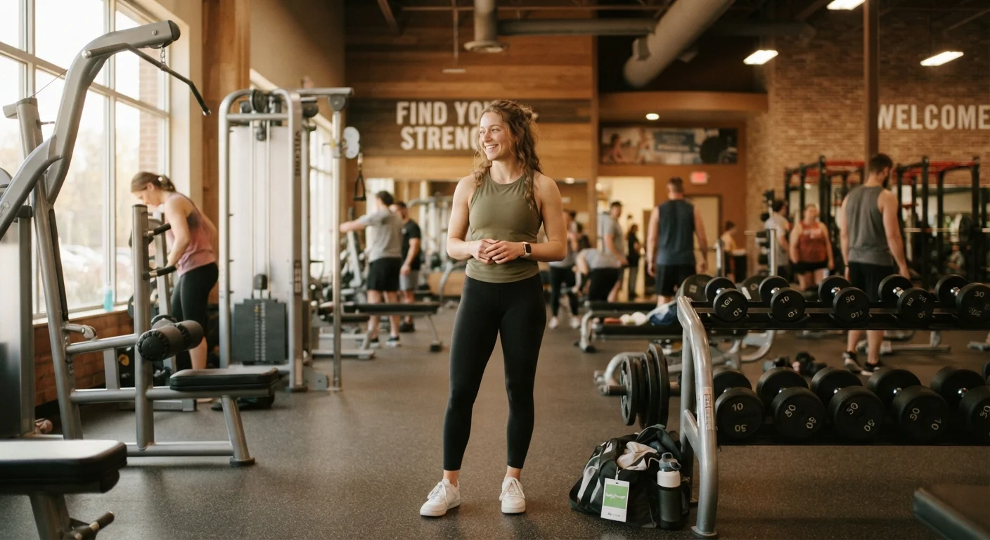 A beginner standing confidently in a gym, looking at exercise equipment with curiosity