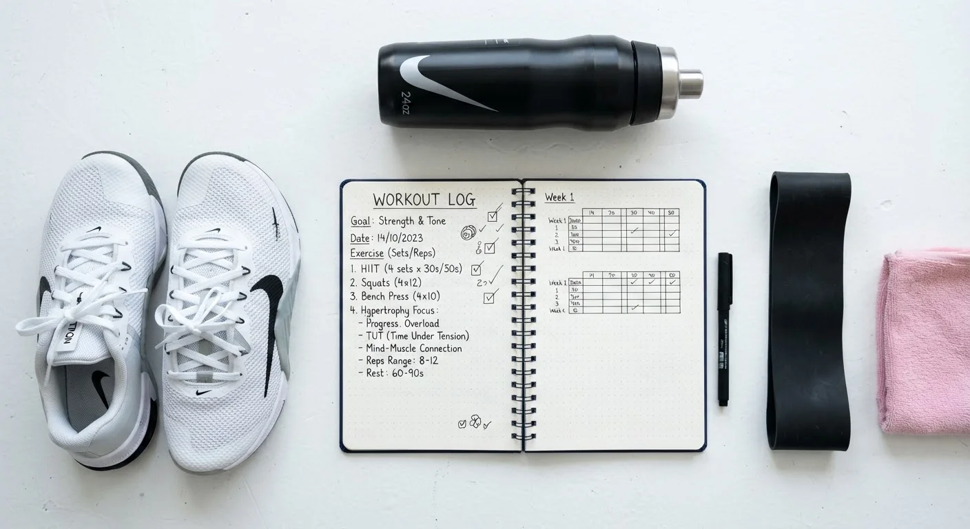 Notebook with fitness terms written out next to sneakers and a water bottle