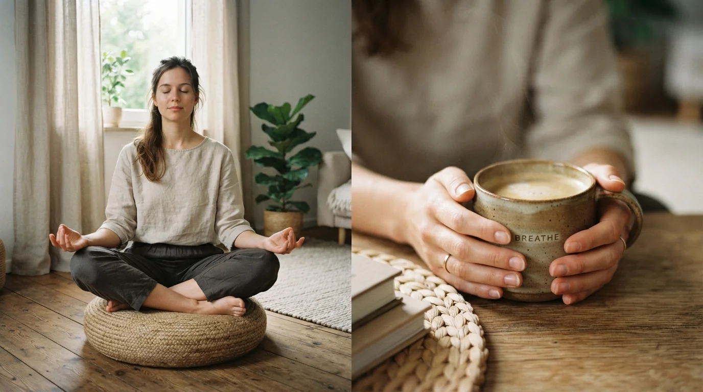 Person meditating on a cushion next to someone holding a warm coffee mug mindfully