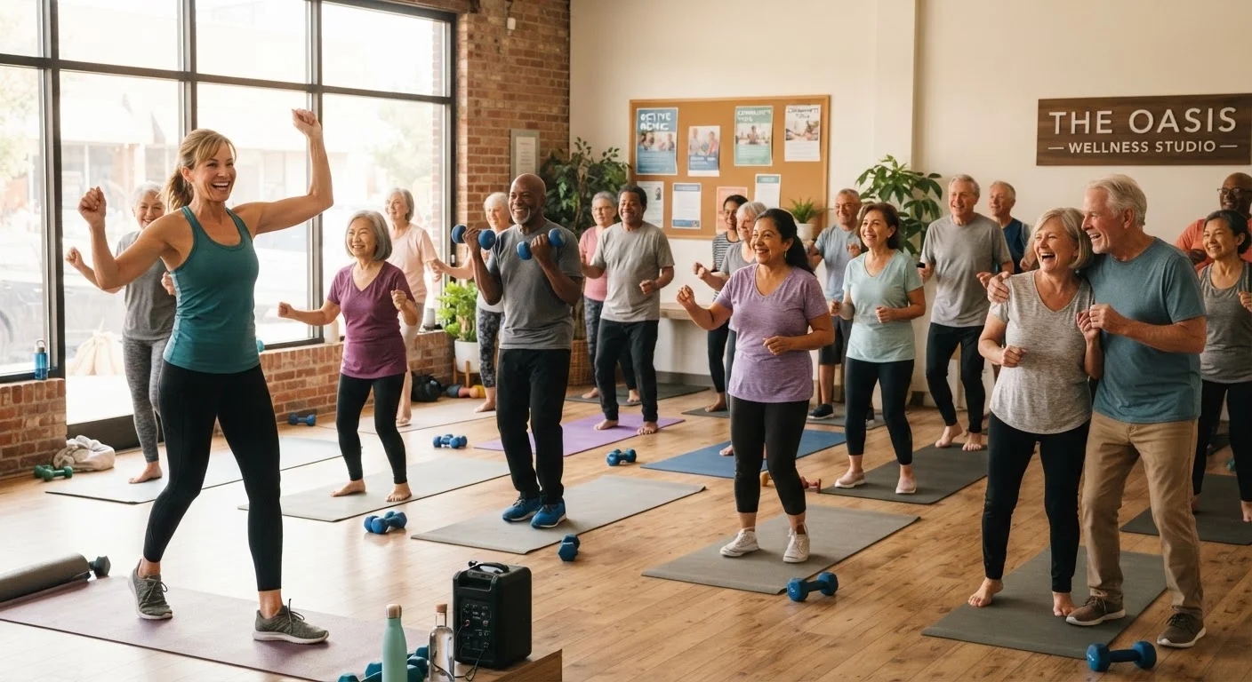 Diverse group of older adults participating in a group fitness class in a well-lit studio