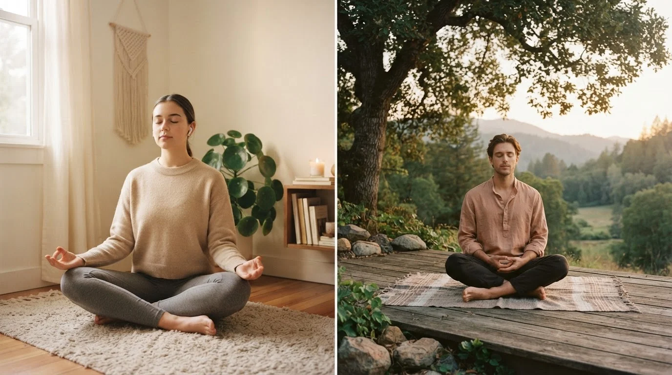 Two people meditating — one with headphones indoors, one in quiet outdoor silence