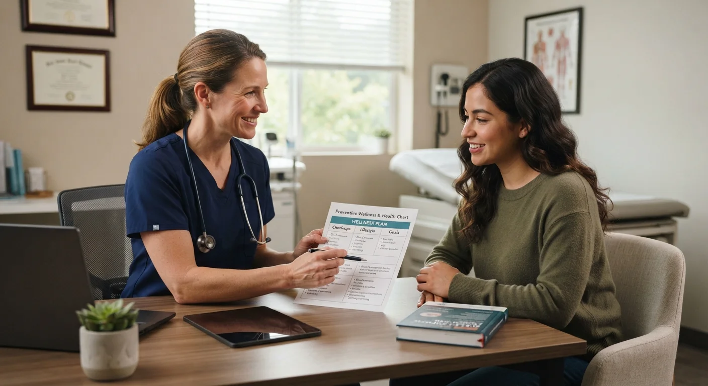 A healthcare provider and adult patient in their 30s reviewing a wellness screening chart together.