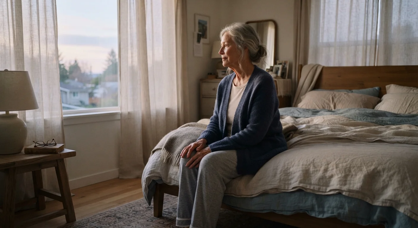 An older adult sitting on the edge of a bed in soft morning light, appearing thoughtful