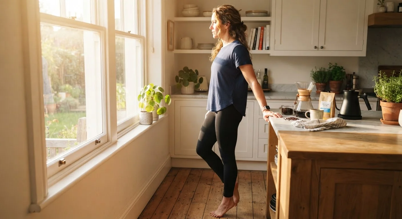 Person doing calf raises at kitchen counter while waiting for coffee to brew in morning light.