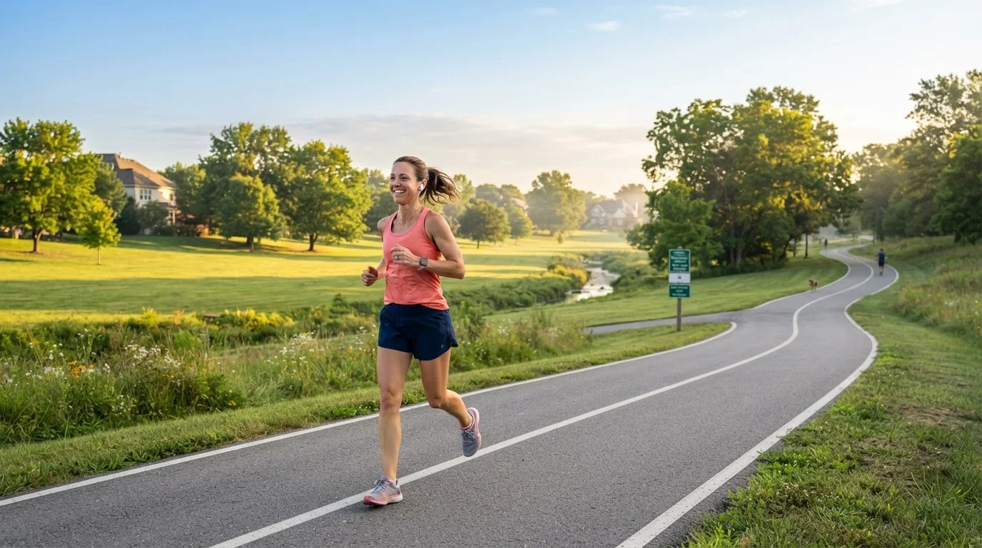 Person jogging along a tree-lined path in a sunny park during the morning