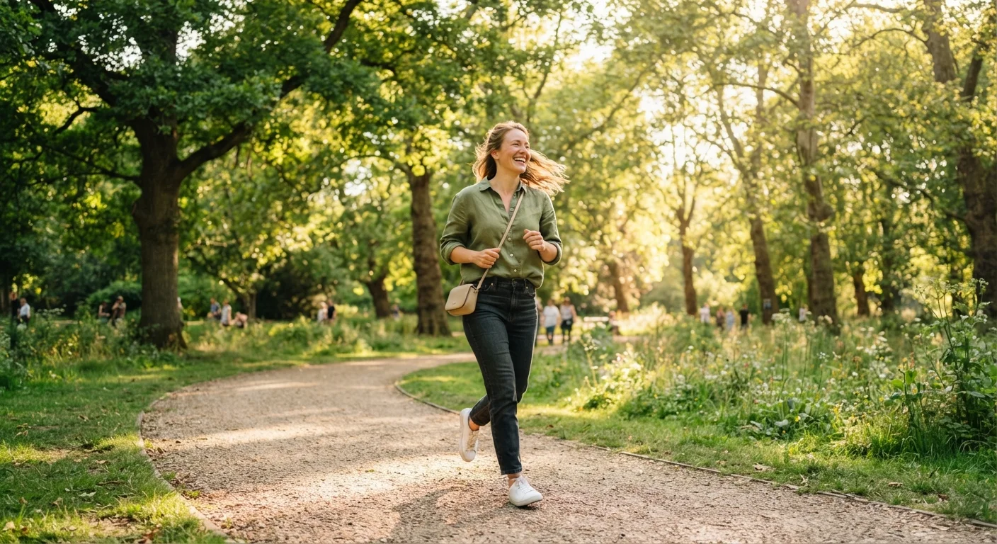 Person walking through a sunlit park with green trees and warm natural light