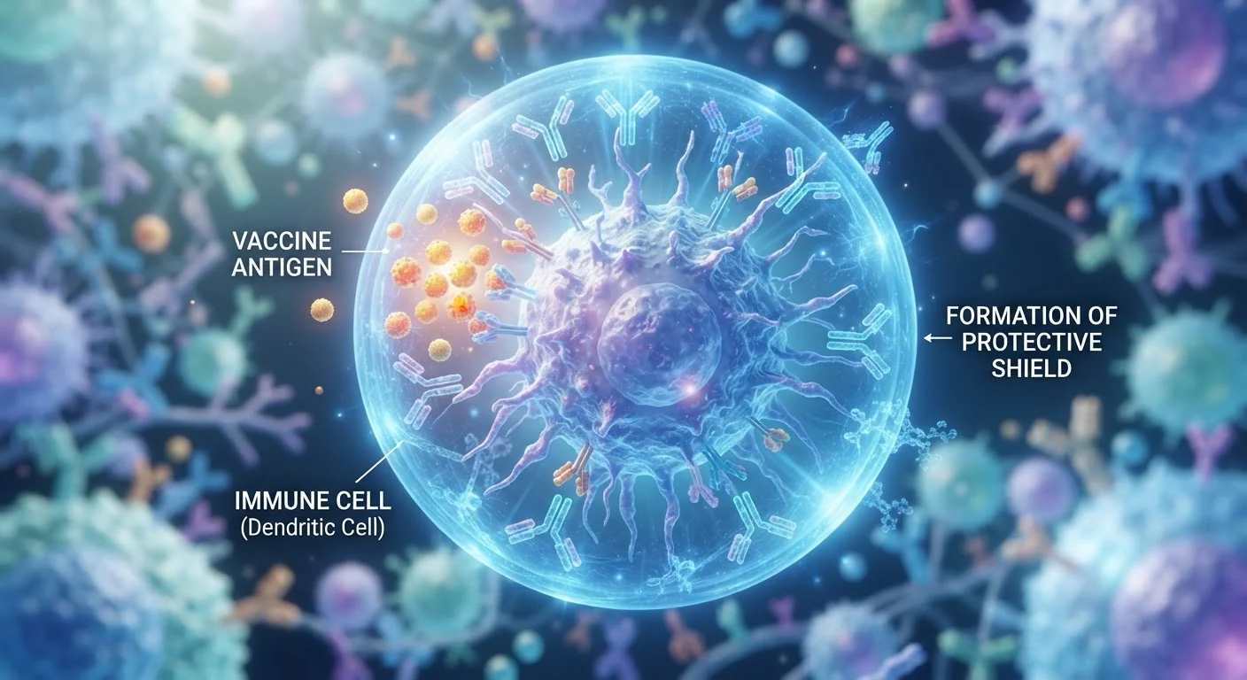 Conceptual illustration of an immune cell forming a protective shield after encountering a vaccine antigen