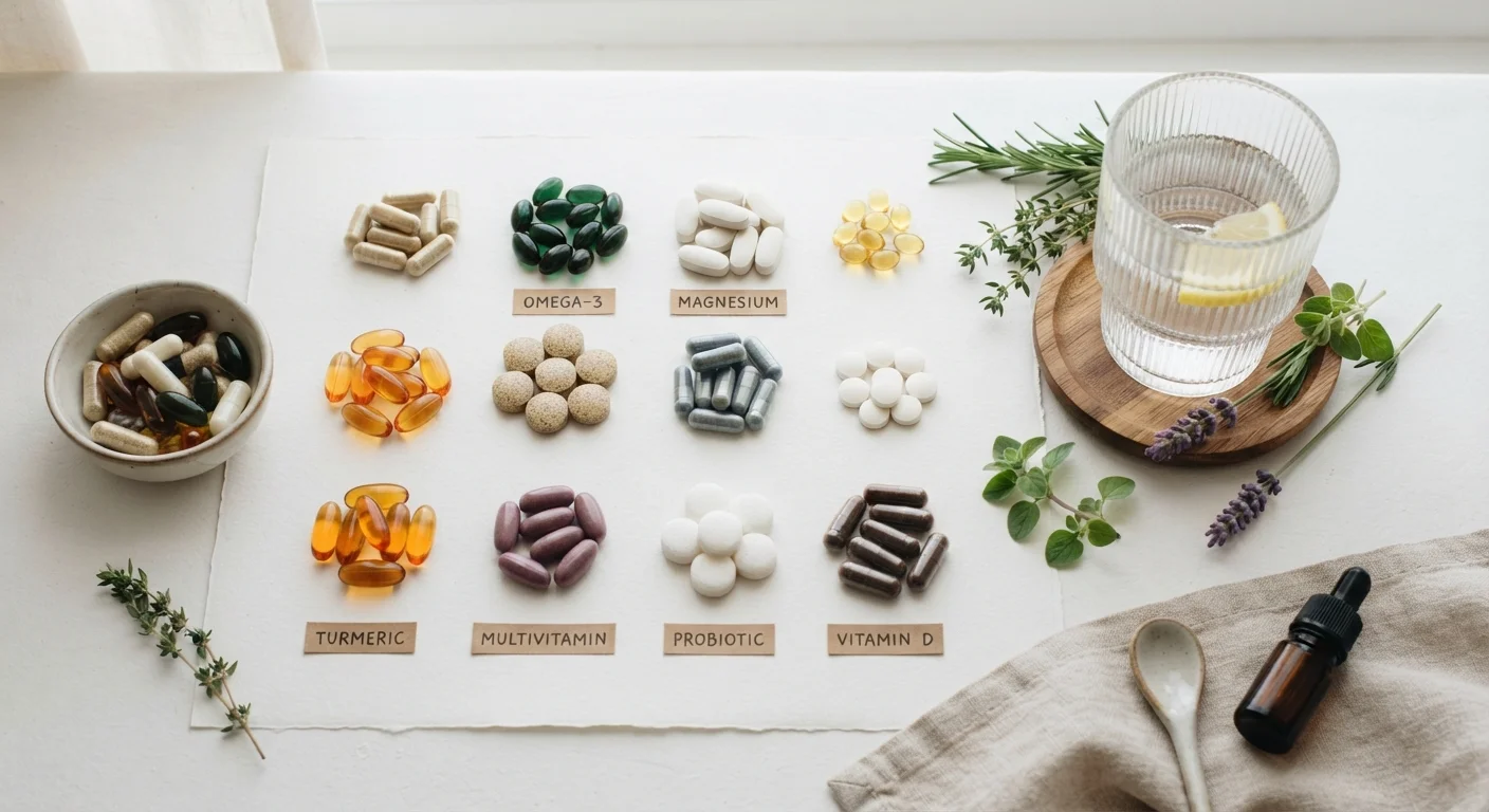 Assorted immune support supplement capsules and tablets arranged on a white surface with herbs