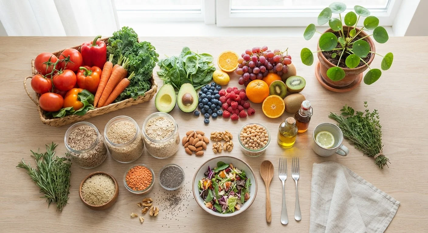 Colorful array of whole foods including fruits, vegetables, and grains displayed on a wooden surface