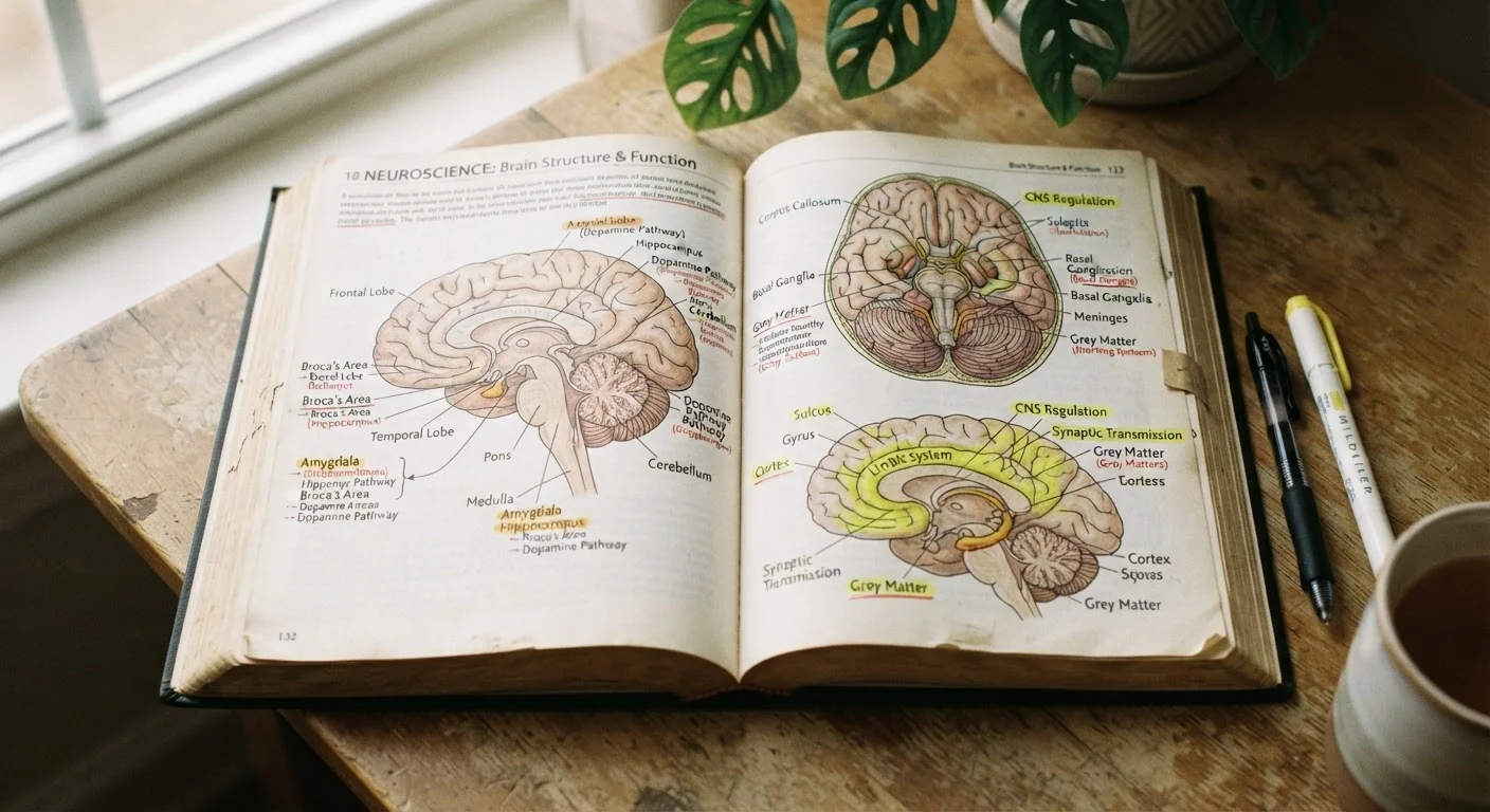 Open reference book with brain diagrams and cognitive health terminology highlighted