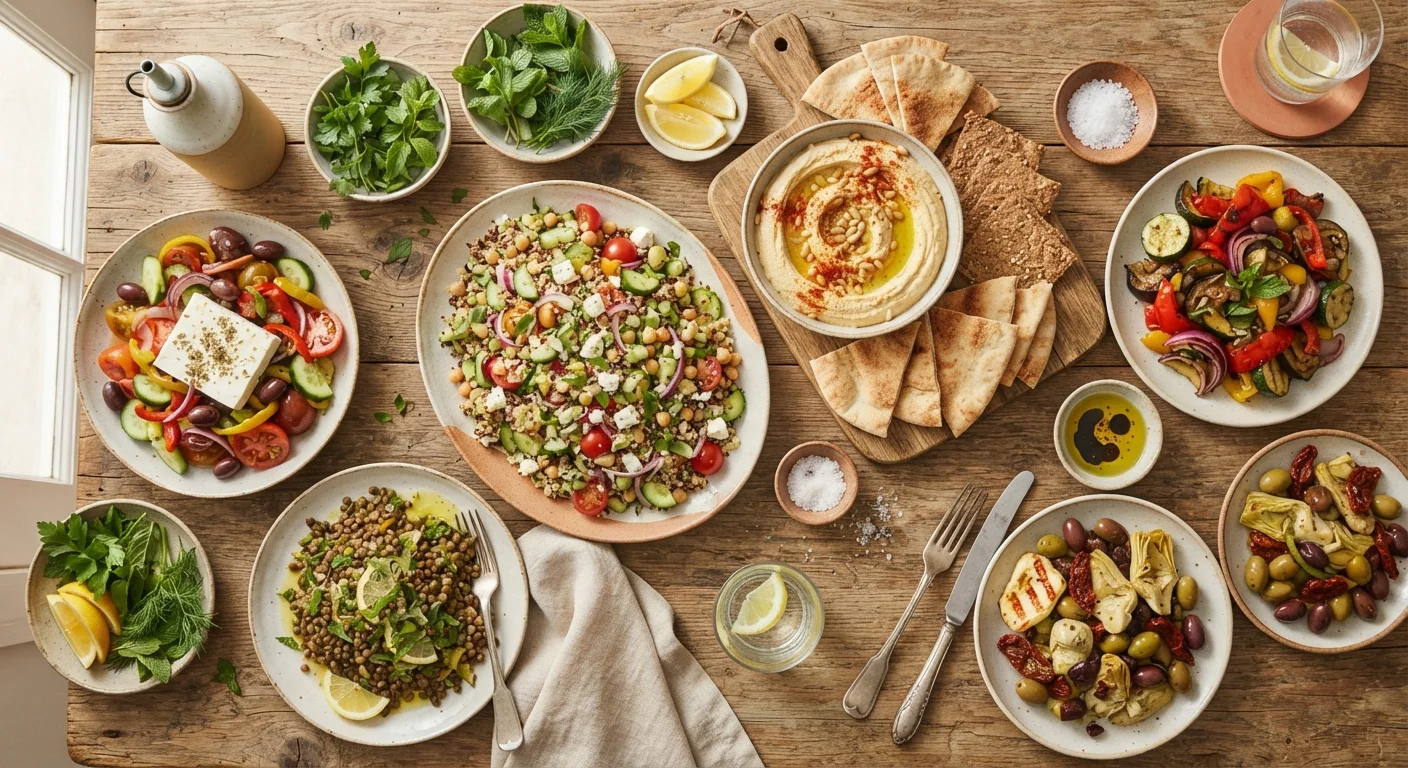 Colorful spread of vegetables, legumes, whole grains, and olive oil representing longevity-focused eating patterns