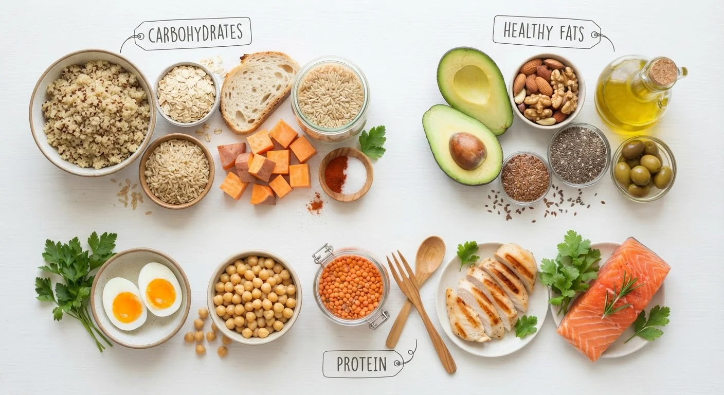 Colorful flat-lay of whole foods representing carbohydrates, fats, and proteins on a white surface
