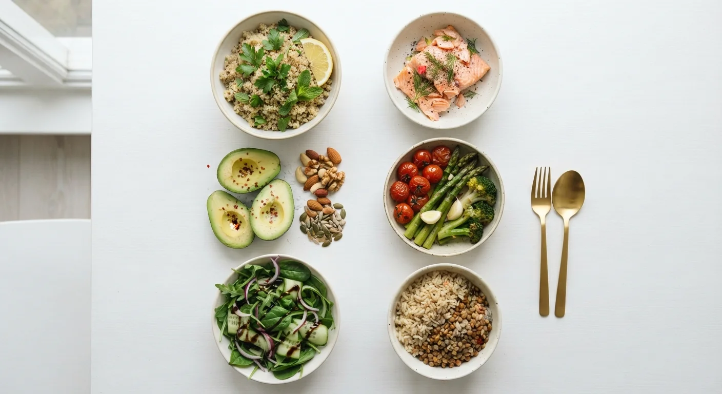 Overhead view of balanced meal with carbohydrates, protein, and healthy fats arranged separately