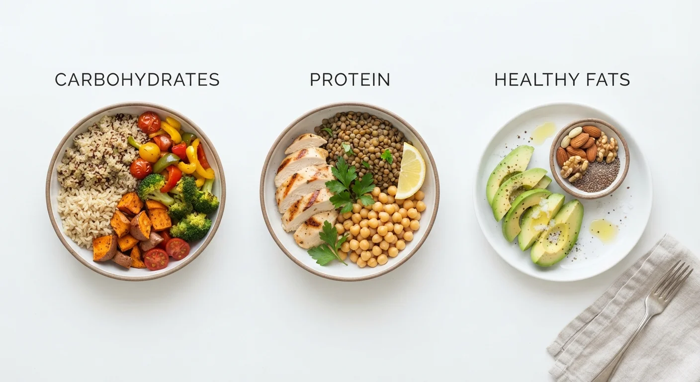 Three food groups representing carbohydrates, proteins, and fats arranged on a white surface