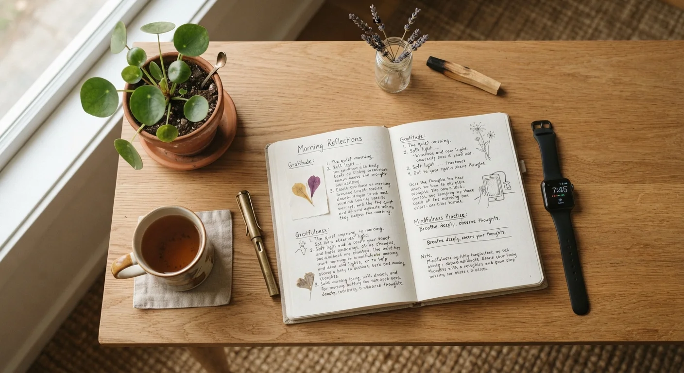 Open journal beside a small plant on a wooden desk bathed in soft morning light