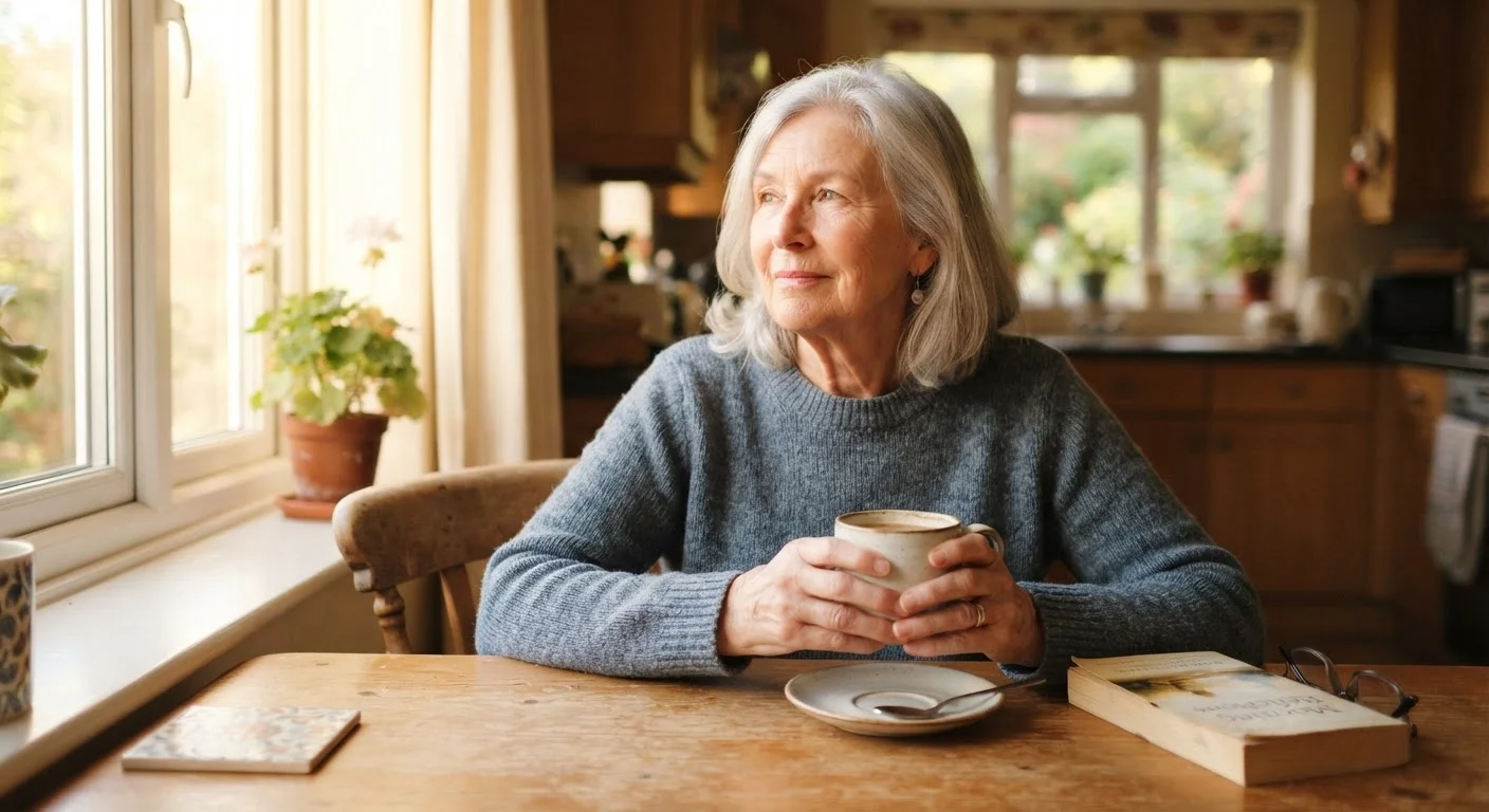 An older adult sitting calmly at a kitchen table in warm morning light, looking reflective.