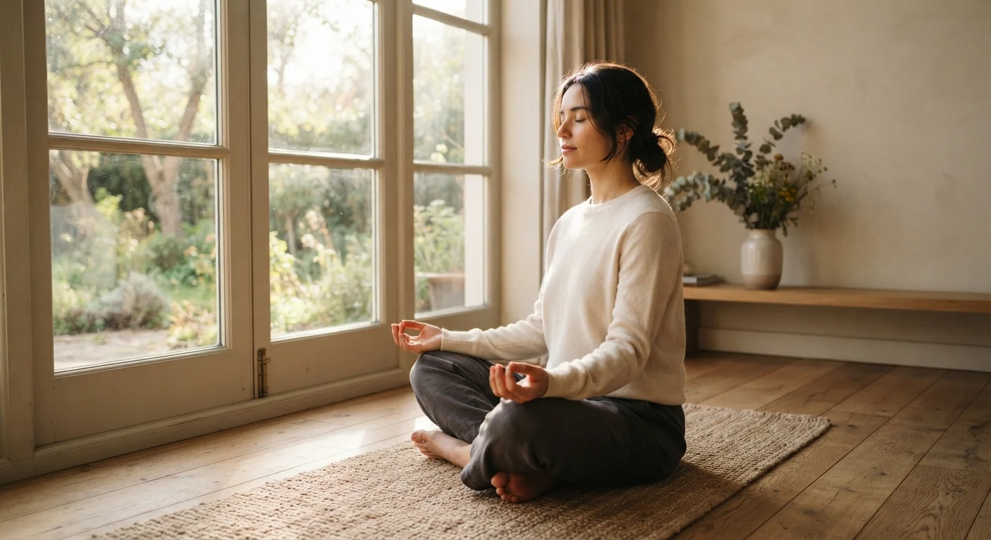 Person sitting cross-legged near a sunlit window practicing mindfulness meditation
