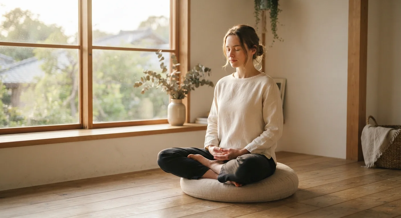 Person sitting quietly with eyes closed near a sunlit window practicing mindfulness