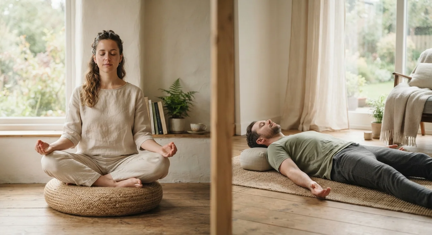 One person meditating cross-legged and another doing muscle relaxation exercises on a mat indoors