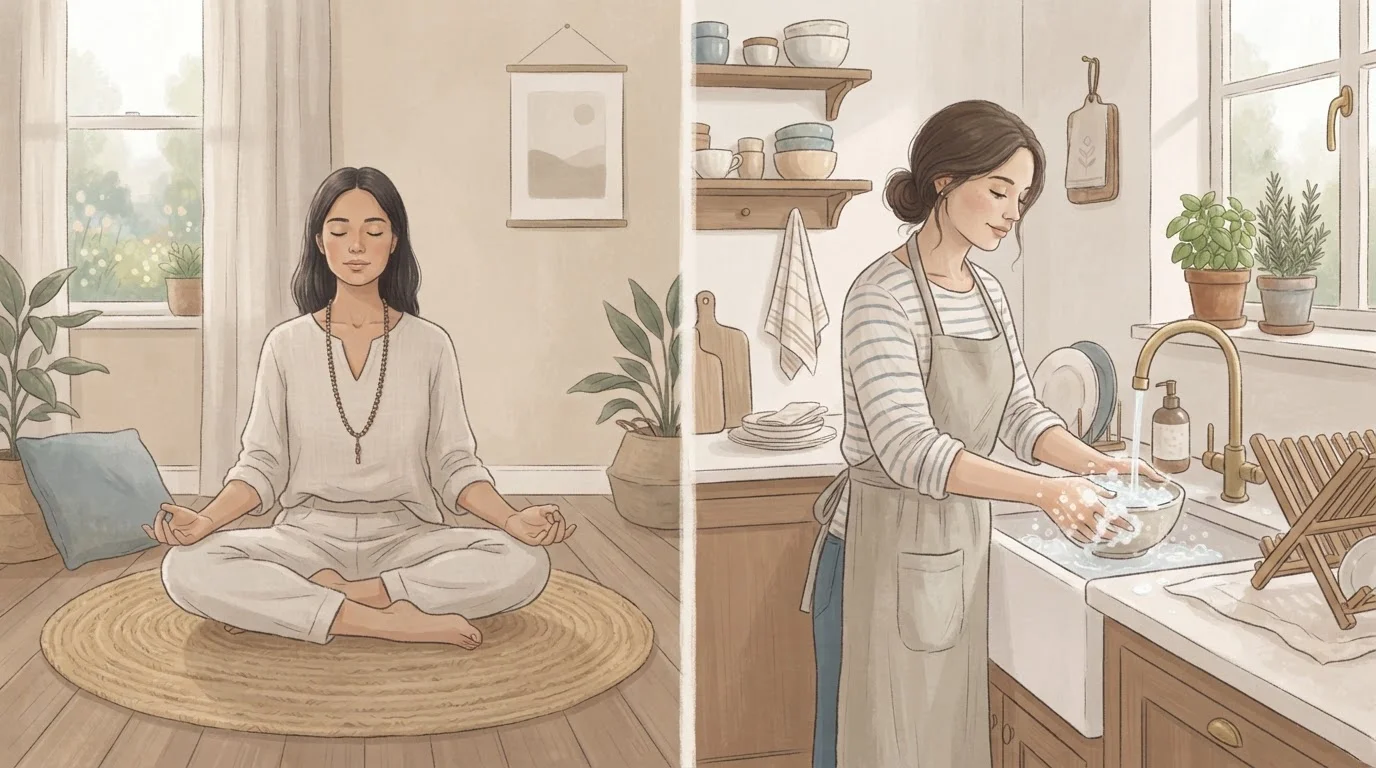 Split image contrasting formal seated meditation with a person practicing mindful awareness during everyday activity